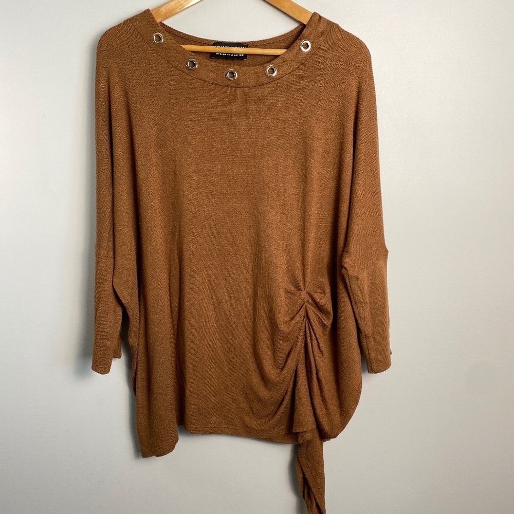 Frank Lyman Montreal Women's Brown 3/4‎ Sleeve Sweater Asymmetric Ruched Side